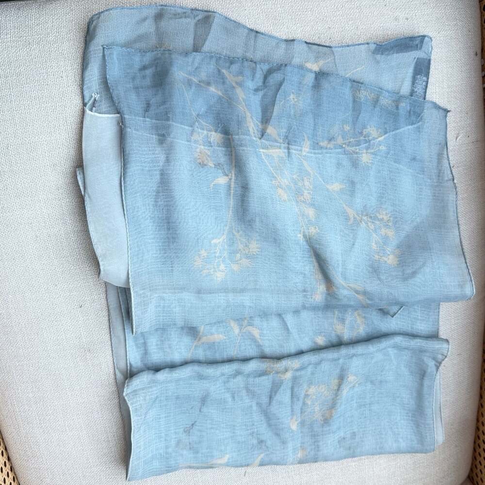 Ralph Lauren 100% Silk Blue Floral Beaded Scarf Wrap Made in Japan
